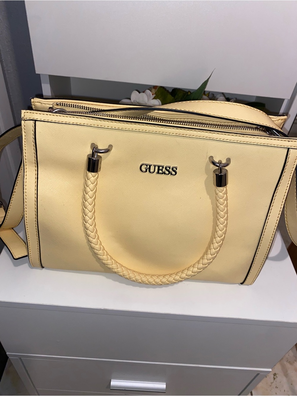 GUESS Pale Yellow Braided-Handle Tote